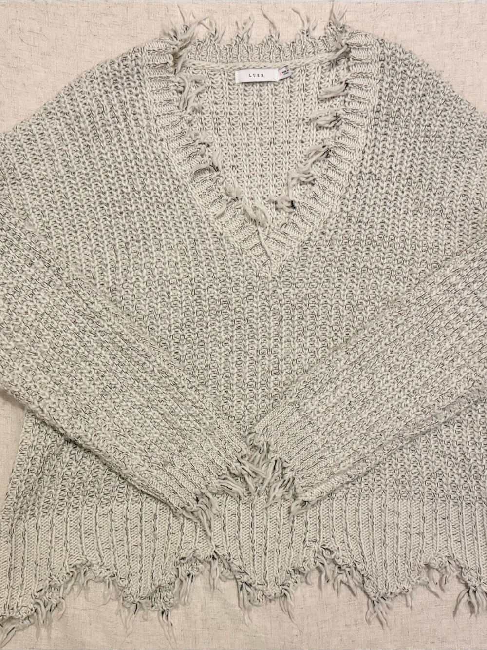 Lush Light Gray Distressed V-Neck Sweater